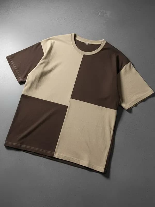 Cut & Stitch Brown And Beige Oversized French Terry T-shirt
