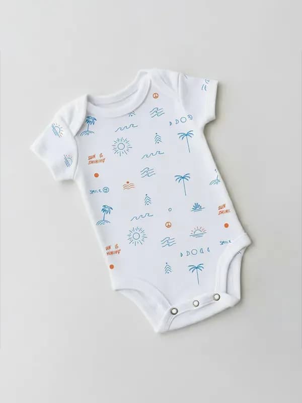Kids White & Blue Screen Printed Romper