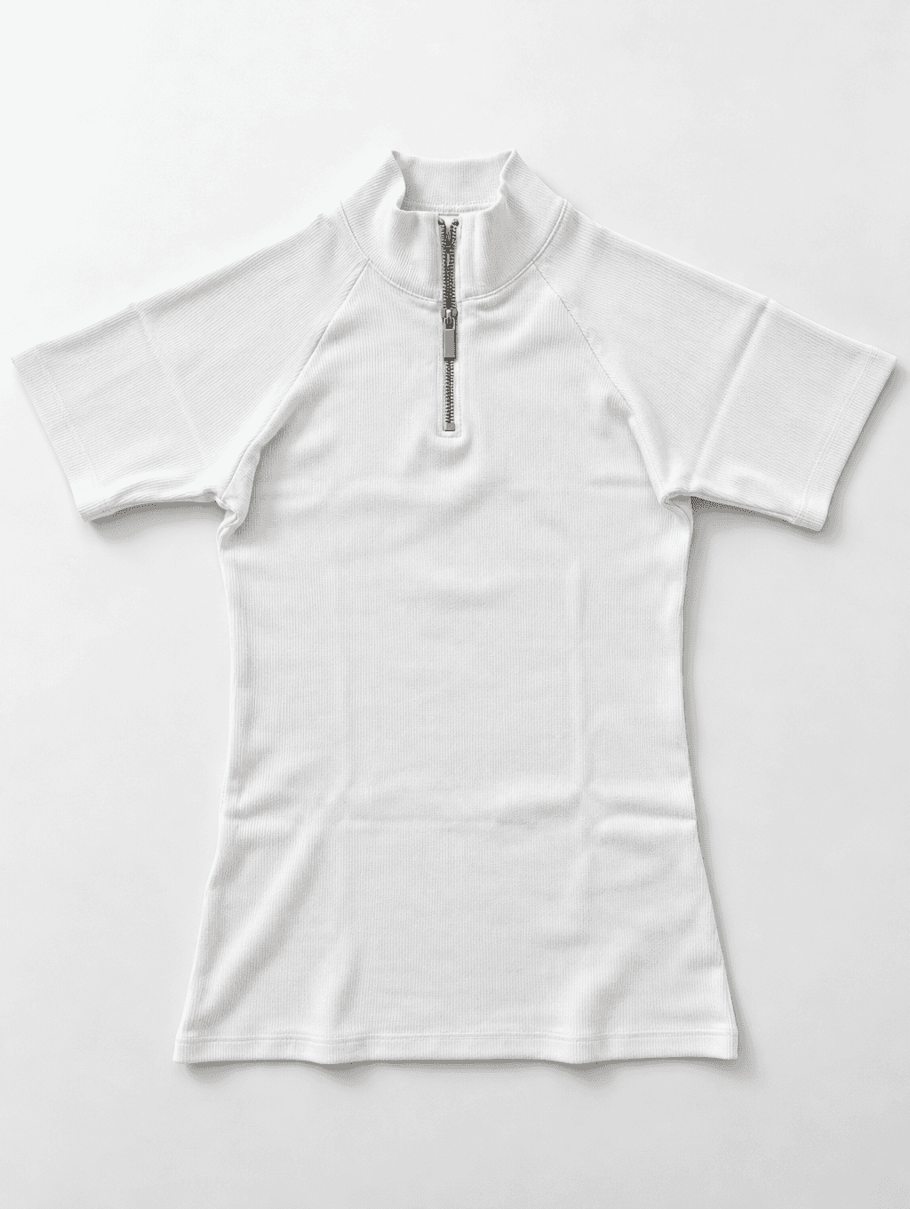 White Ribbed Half-Sleeve Zipper Top