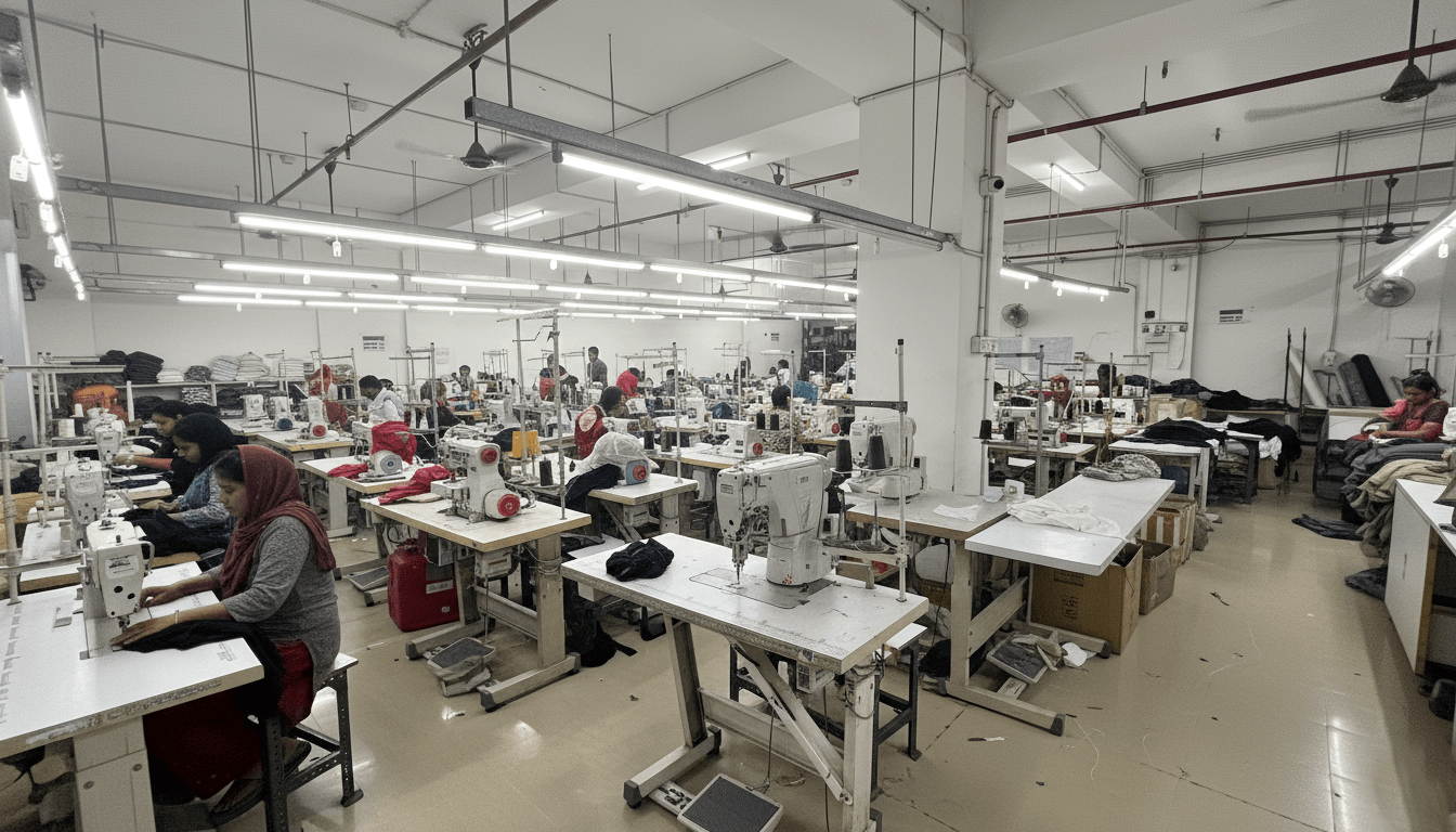 Our state-of-the-art stitching facility equipped with 60+ modern Japanese and American machines, ensuring precision and quality in every garment we produce. Plakads Stitching Production Area with Modern Machinery